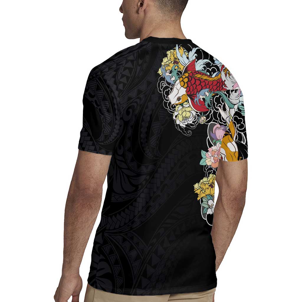 Hawaiian and Japanese Together Rugby Jersey Colorful Traditional Japanese Tattoo and Kakau Pattern Black Color
