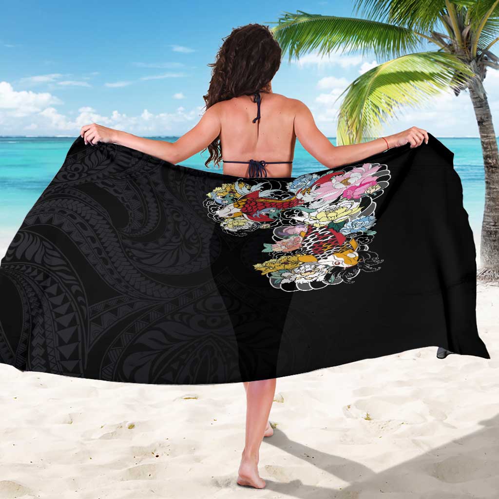 Hawaiian and Japanese Together Sarong Colorful Traditional Japanese Tattoo and Kakau Pattern Black Color
