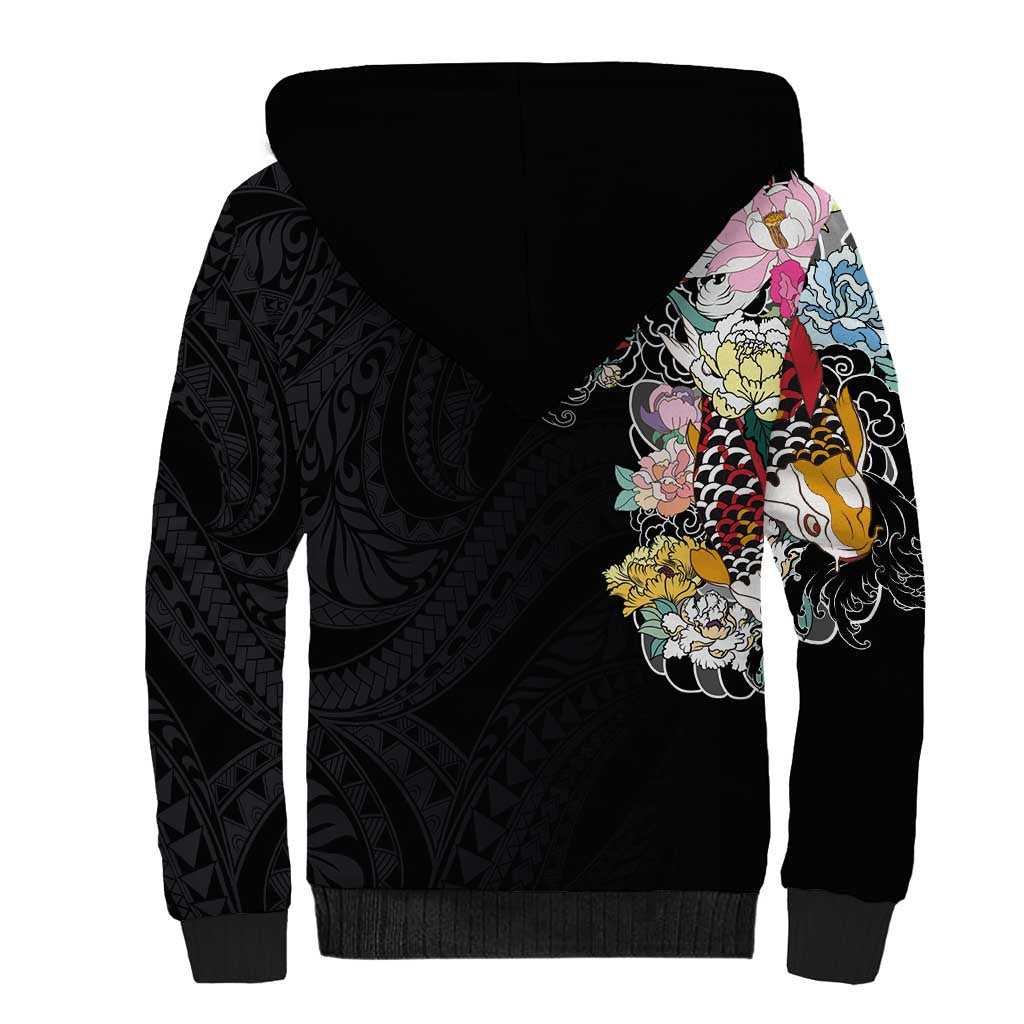 Hawaiian and Japanese Together Sherpa Hoodie Colorful Traditional Japanese Tattoo and Kakau Pattern Black Color LT03 - Polynesian Pride