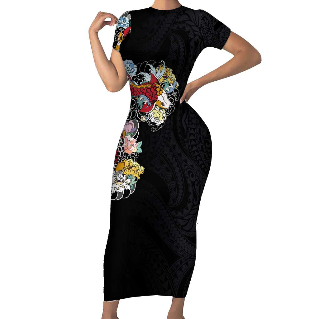 Hawaiian and Japanese Together Short Sleeve Bodycon Dress Colorful Traditional Japanese Tattoo and Kakau Pattern Black Color LT03 Long Dress Black - Polynesian Pride