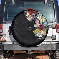 Hawaiian and Japanese Together Spare Tire Cover Colorful Traditional Japanese Tattoo and Kakau Pattern Black Color LT03 Black - Polynesian Pride