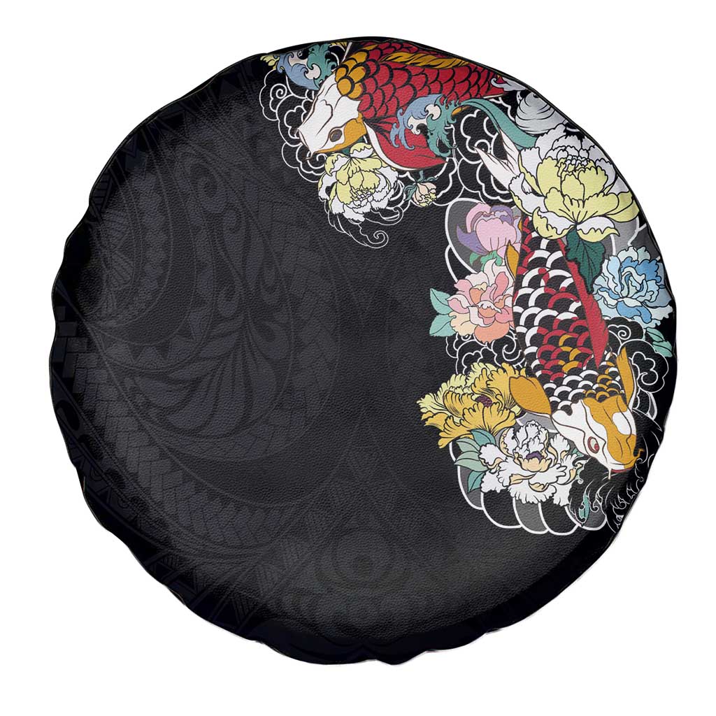 Hawaiian and Japanese Together Spare Tire Cover Colorful Traditional Japanese Tattoo and Kakau Pattern Black Color LT03 - Polynesian Pride