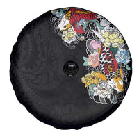 Hawaiian and Japanese Together Spare Tire Cover Colorful Traditional Japanese Tattoo and Kakau Pattern Black Color LT03 - Polynesian Pride