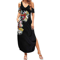 Hawaiian and Japanese Together Summer Maxi Dress Colorful Traditional Japanese Tattoo and Kakau Pattern Black Color LT03 Women Black - Polynesian Pride