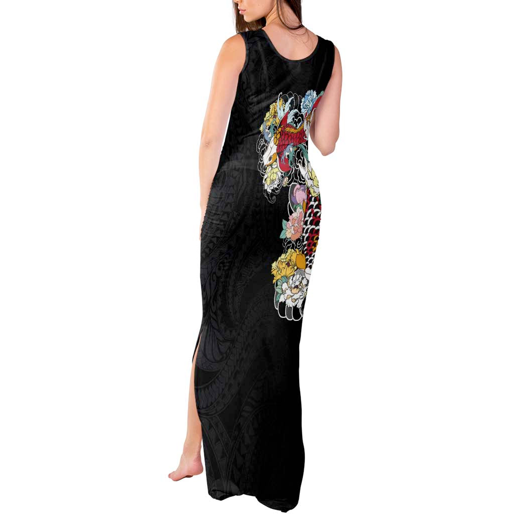 Hawaiian and Japanese Together Tank Maxi Dress Colorful Traditional Japanese Tattoo and Kakau Pattern Black Color LT03 - Polynesian Pride