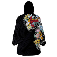 Hawaiian and Japanese Together Wearable Blanket Hoodie Colorful Traditional Japanese Tattoo and Kakau Pattern Black Color LT03 - Polynesian Pride