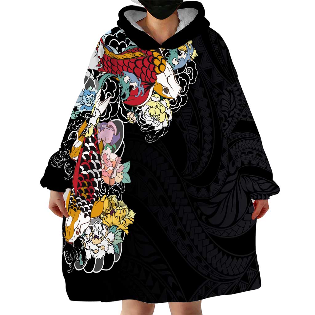 Hawaiian and Japanese Together Wearable Blanket Hoodie Colorful Traditional Japanese Tattoo and Kakau Pattern Black Color LT03 - Polynesian Pride