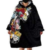 Hawaiian and Japanese Together Wearable Blanket Hoodie Colorful Traditional Japanese Tattoo and Kakau Pattern Black Color LT03 - Polynesian Pride