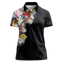 Hawaiian and Japanese Together Women Polo Shirt Colorful Traditional Japanese Tattoo and Kakau Pattern Black Color LT03 Female Black - Polynesian Pride
