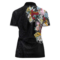Hawaiian and Japanese Together Women Polo Shirt Colorful Traditional Japanese Tattoo and Kakau Pattern Black Color LT03 - Polynesian Pride