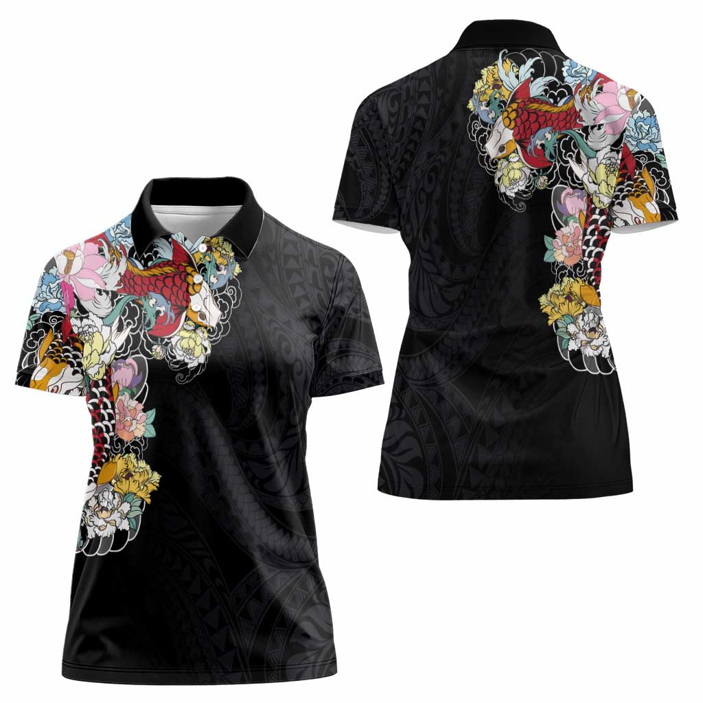Hawaiian and Japanese Together Women Polo Shirt Colorful Traditional Japanese Tattoo and Kakau Pattern Black Color LT03 - Polynesian Pride