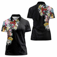 Hawaiian and Japanese Together Women Polo Shirt Colorful Traditional Japanese Tattoo and Kakau Pattern Black Color LT03 - Polynesian Pride