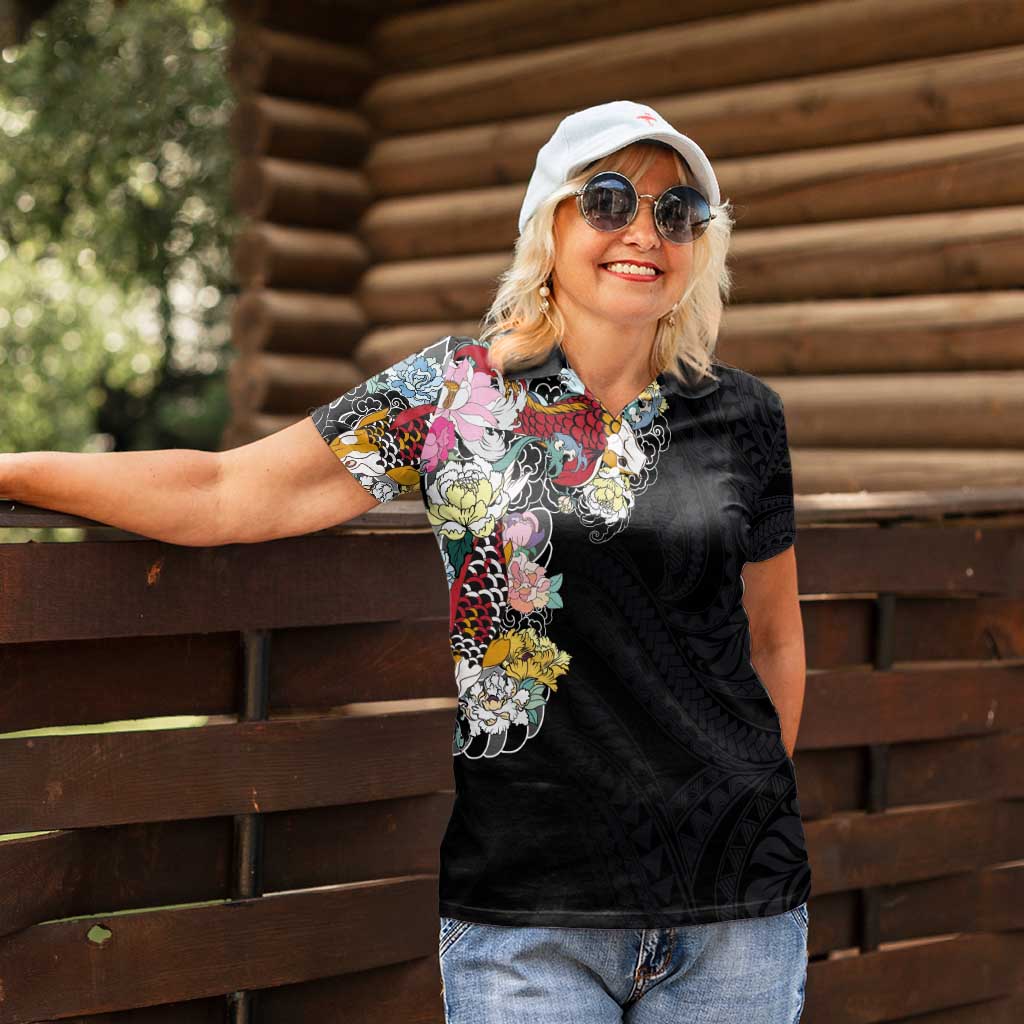 Hawaiian and Japanese Together Women Polo Shirt Colorful Traditional Japanese Tattoo and Kakau Pattern Black Color LT03 - Polynesian Pride
