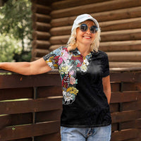Hawaiian and Japanese Together Women Polo Shirt Colorful Traditional Japanese Tattoo and Kakau Pattern Black Color LT03 - Polynesian Pride