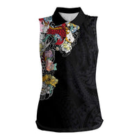Hawaiian and Japanese Together Women Sleeveless Polo Shirt Colorful Traditional Japanese Tattoo and Kakau Pattern Black Color LT03 Female Black - Polynesian Pride