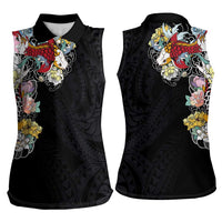 Hawaiian and Japanese Together Women Sleeveless Polo Shirt Colorful Traditional Japanese Tattoo and Kakau Pattern Black Color LT03 - Polynesian Pride