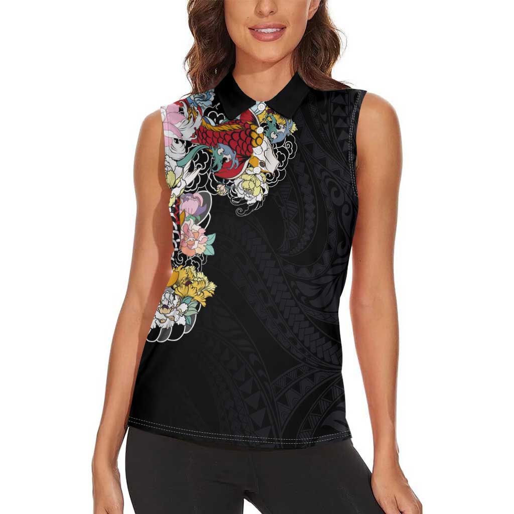 Hawaiian and Japanese Together Women Sleeveless Polo Shirt Colorful Traditional Japanese Tattoo and Kakau Pattern Black Color LT03 - Polynesian Pride