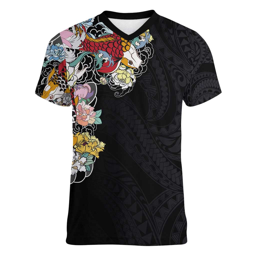 Hawaiian and Japanese Together Women V-Neck T-Shirt Colorful Traditional Japanese Tattoo and Kakau Pattern Black Color