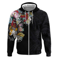 Hawaiian and Japanese Together Zip Hoodie Colorful Traditional Japanese Tattoo and Kakau Pattern Black Color LT03 Zip Hoodie Black - Polynesian Pride
