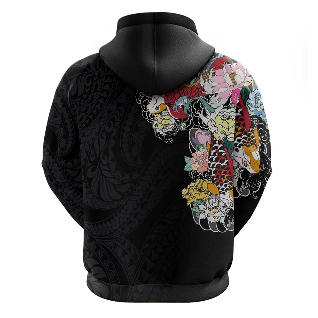 Hawaiian and Japanese Together Zip Hoodie Colorful Traditional Japanese Tattoo and Kakau Pattern Black Color LT03 - Polynesian Pride