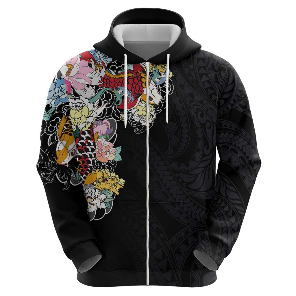 Hawaiian and Japanese Together Zip Hoodie Colorful Traditional Japanese Tattoo and Kakau Pattern Black Color LT03 - Polynesian Pride