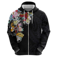 Hawaiian and Japanese Together Zip Hoodie Colorful Traditional Japanese Tattoo and Kakau Pattern Black Color LT03 - Polynesian Pride