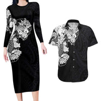 Hawaiian and Japanese Together Couples Matching Long Sleeve Bodycon Dress and Hawaiian Shirt Japanese Koi Fish Tattoo and Kakau Pattern Black Color