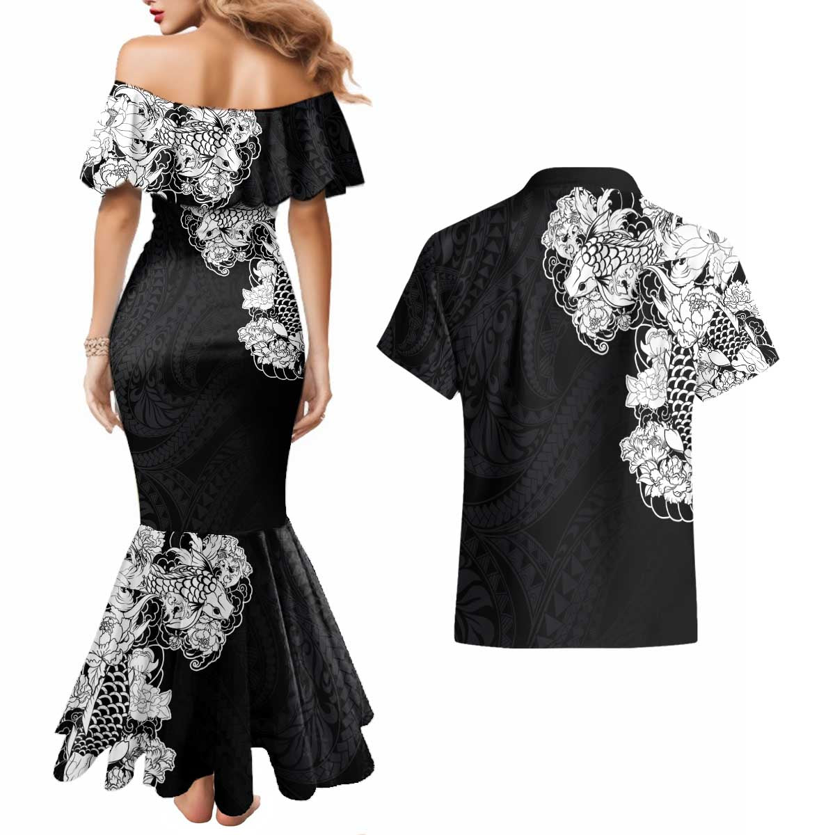 Hawaiian and Japanese Together Couples Matching Mermaid Dress and Hawaiian Shirt Japanese Koi Fish Tattoo and Kakau Pattern Black Color LT03 - Polynesian Pride