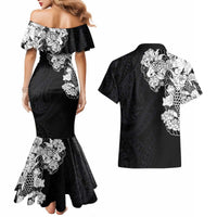 Hawaiian and Japanese Together Couples Matching Mermaid Dress and Hawaiian Shirt Japanese Koi Fish Tattoo and Kakau Pattern Black Color LT03 - Polynesian Pride