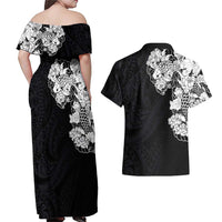 Hawaiian and Japanese Together Couples Matching Off Shoulder Maxi Dress and Hawaiian Shirt Japanese Koi Fish Tattoo and Kakau Pattern Black Color LT03 - Polynesian Pride