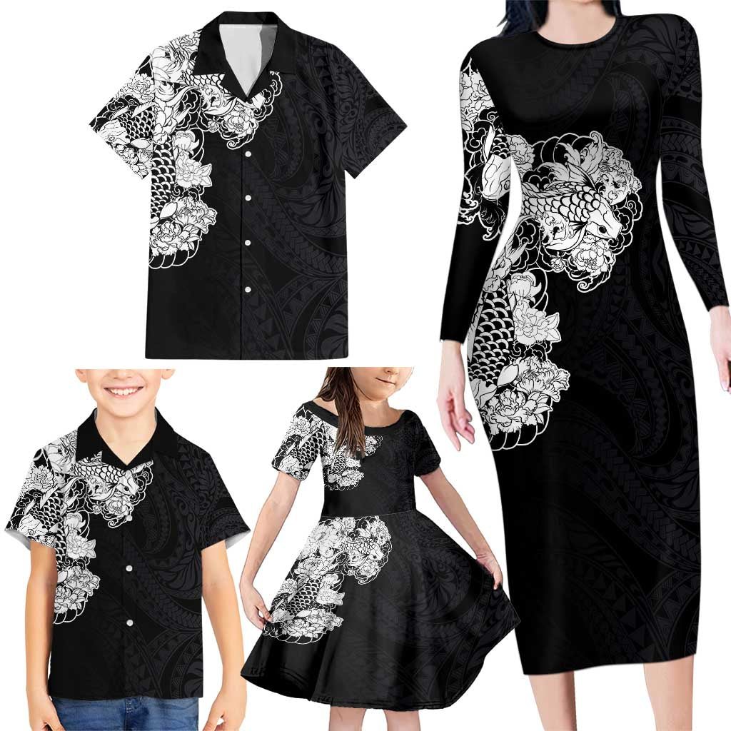 Hawaiian and Japanese Together Family Matching Long Sleeve Bodycon Dress and Hawaiian Shirt Japanese Koi Fish Tattoo and Kakau Pattern Black Color LT03 - Polynesian Pride