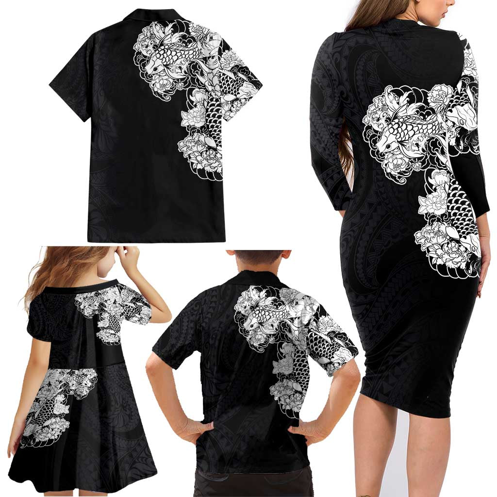 Hawaiian and Japanese Together Family Matching Long Sleeve Bodycon Dress and Hawaiian Shirt Japanese Koi Fish Tattoo and Kakau Pattern Black Color LT03 - Polynesian Pride