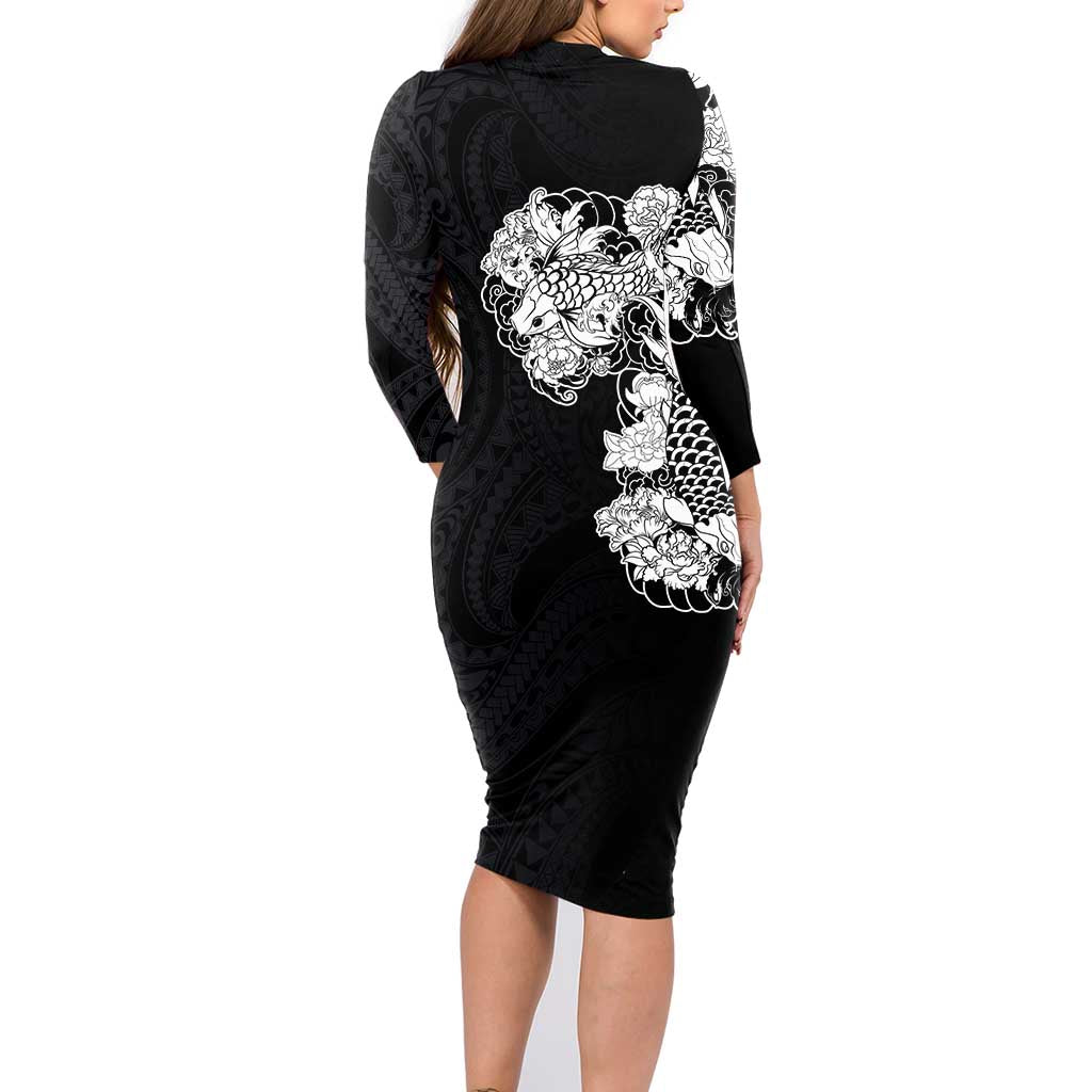 Hawaiian and Japanese Together Family Matching Long Sleeve Bodycon Dress and Hawaiian Shirt Japanese Koi Fish Tattoo and Kakau Pattern Black Color LT03 - Polynesian Pride