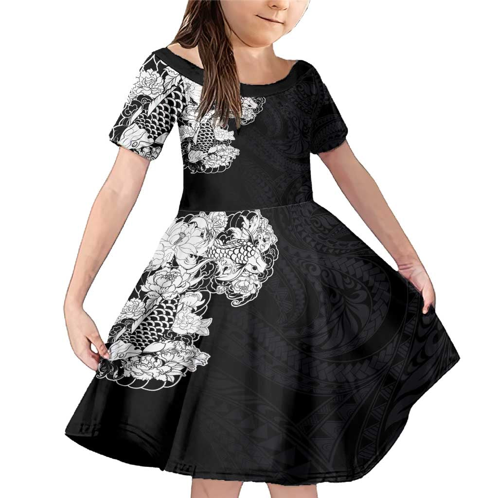 Hawaiian and Japanese Together Family Matching Mermaid Dress and Hawaiian Shirt Japanese Koi Fish Tattoo and Kakau Pattern Black Color LT03 Daughter's Dress Black - Polynesian Pride