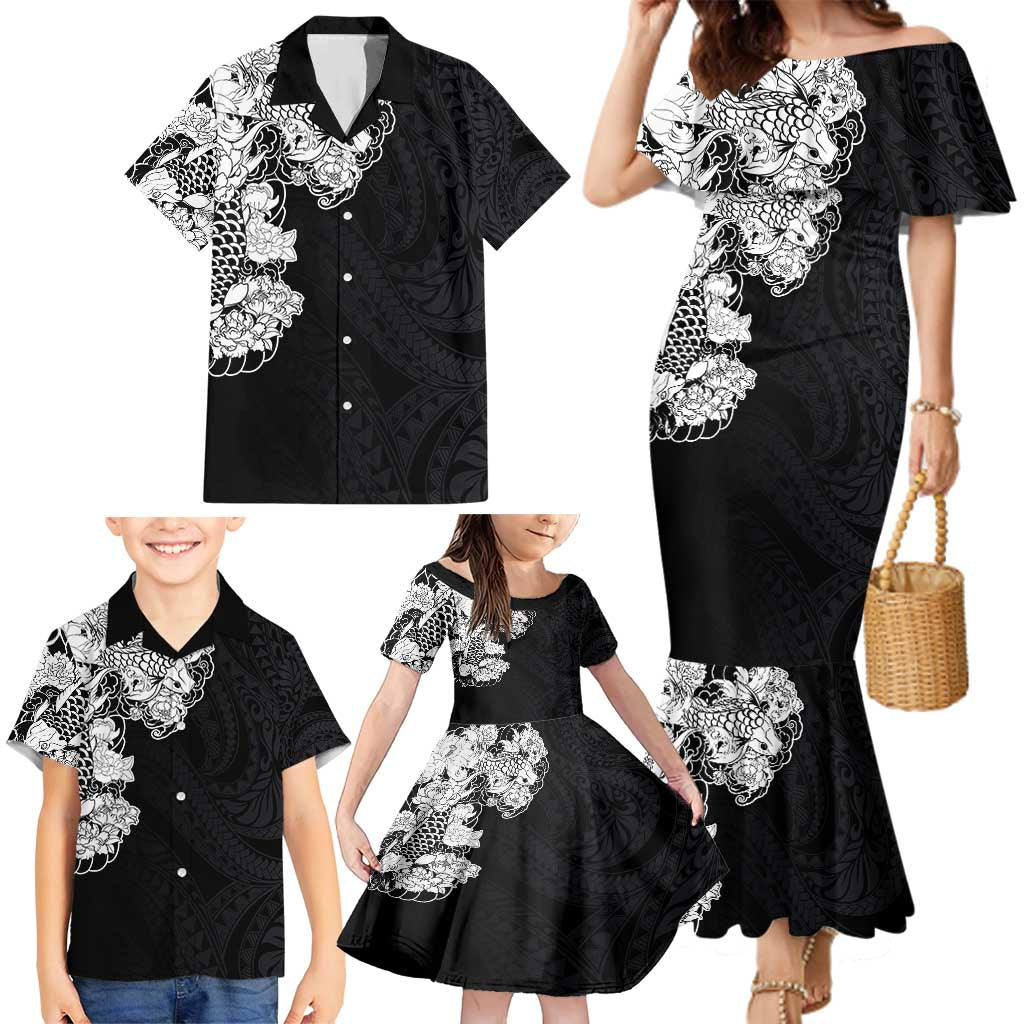 Hawaiian and Japanese Together Family Matching Mermaid Dress and Hawaiian Shirt Japanese Koi Fish Tattoo and Kakau Pattern Black Color LT03 - Polynesian Pride