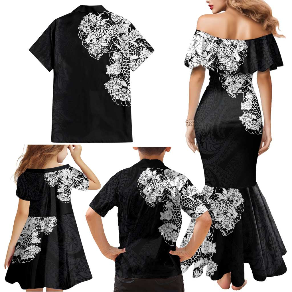 Hawaiian and Japanese Together Family Matching Mermaid Dress and Hawaiian Shirt Japanese Koi Fish Tattoo and Kakau Pattern Black Color LT03 - Polynesian Pride