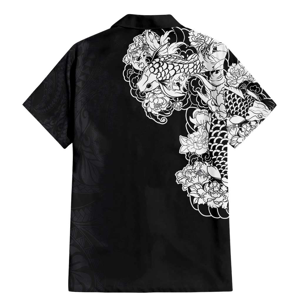 Hawaiian and Japanese Together Family Matching Mermaid Dress and Hawaiian Shirt Japanese Koi Fish Tattoo and Kakau Pattern Black Color LT03 - Polynesian Pride