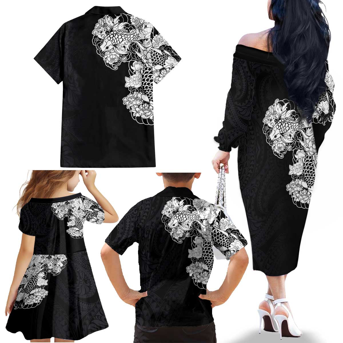 Hawaiian and Japanese Together Family Matching Off The Shoulder Long Sleeve Dress and Hawaiian Shirt Japanese Koi Fish Tattoo and Kakau Pattern Black Color LT03 - Polynesian Pride