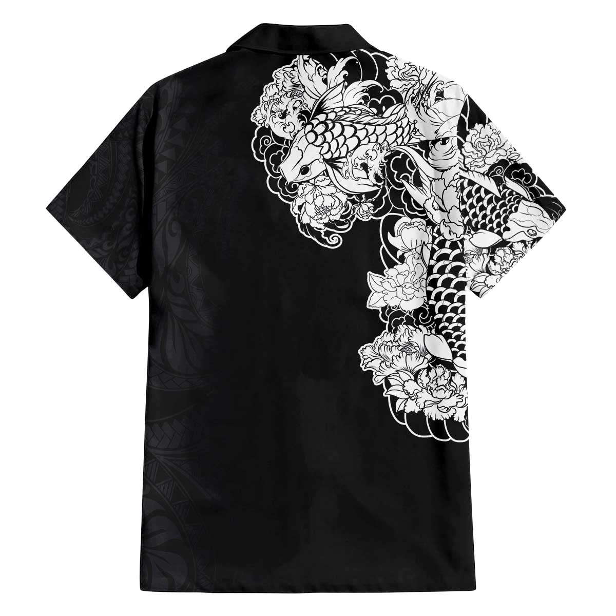Hawaiian and Japanese Together Family Matching Off The Shoulder Long Sleeve Dress and Hawaiian Shirt Japanese Koi Fish Tattoo and Kakau Pattern Black Color LT03 - Polynesian Pride