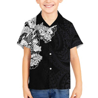 Hawaiian and Japanese Together Family Matching Off The Shoulder Long Sleeve Dress and Hawaiian Shirt Japanese Koi Fish Tattoo and Kakau Pattern Black Color LT03 Son's Shirt Black - Polynesian Pride