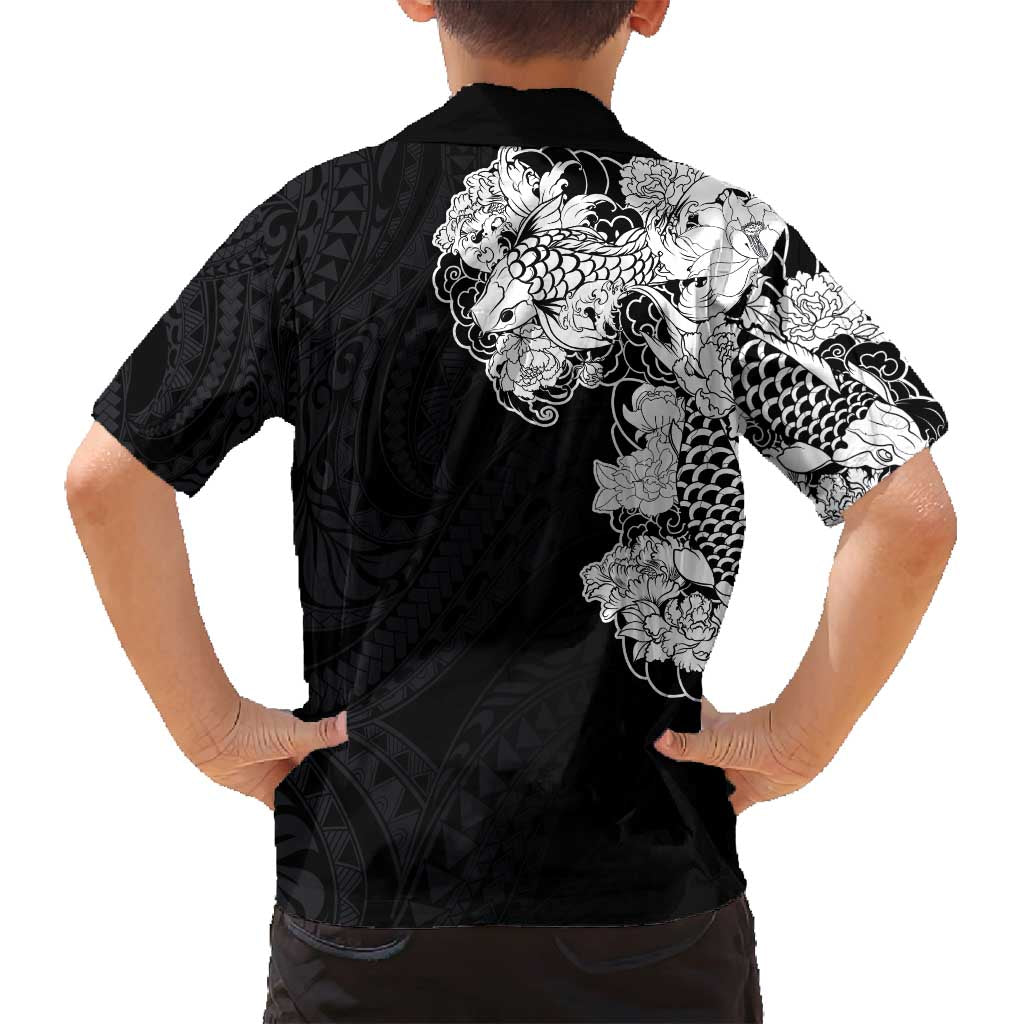 Hawaiian and Japanese Together Family Matching Off Shoulder Maxi Dress and Hawaiian Shirt Japanese Koi Fish Tattoo and Kakau Pattern Black Color LT03 - Polynesian Pride