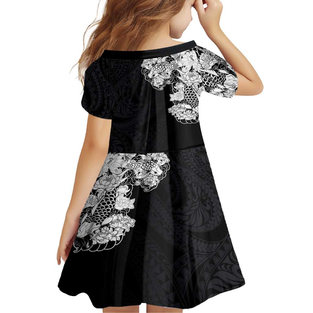 Hawaiian and Japanese Together Family Matching Off Shoulder Maxi Dress and Hawaiian Shirt Japanese Koi Fish Tattoo and Kakau Pattern Black Color LT03 - Polynesian Pride