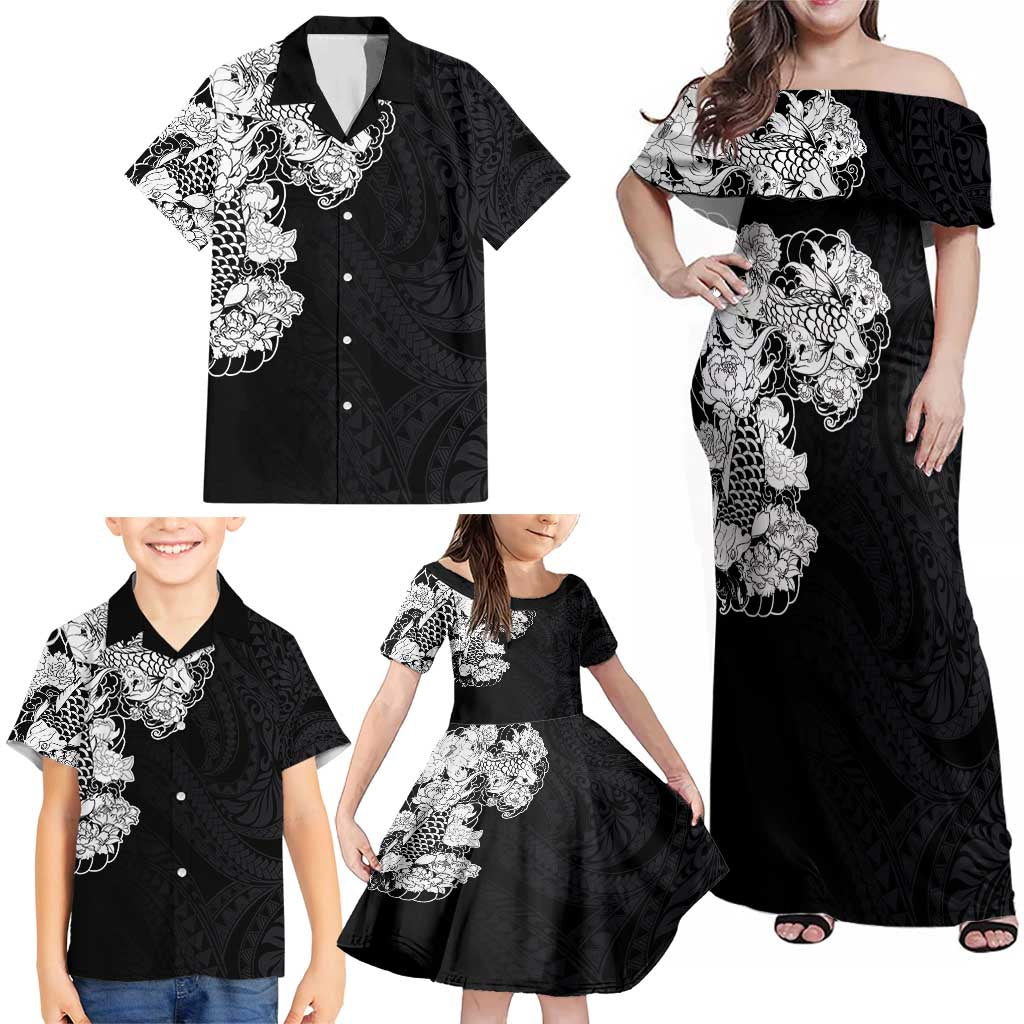 Hawaiian and Japanese Together Family Matching Off Shoulder Maxi Dress and Hawaiian Shirt Japanese Koi Fish Tattoo and Kakau Pattern Black Color LT03 - Polynesian Pride