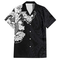 Hawaiian and Japanese Together Family Matching Off Shoulder Maxi Dress and Hawaiian Shirt Japanese Koi Fish Tattoo and Kakau Pattern Black Color LT03 Dad's Shirt - Short Sleeve Black - Polynesian Pride