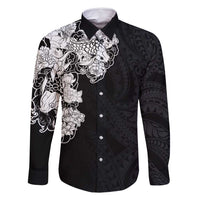 Hawaiian and Japanese Together Family Matching Off Shoulder Maxi Dress and Hawaiian Shirt Japanese Koi Fish Tattoo and Kakau Pattern Black Color LT03 Dad's Shirt - Long Sleeve Black - Polynesian Pride