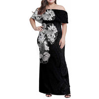 Hawaiian and Japanese Together Family Matching Off Shoulder Maxi Dress and Hawaiian Shirt Japanese Koi Fish Tattoo and Kakau Pattern Black Color LT03 Mom's Dress Black - Polynesian Pride