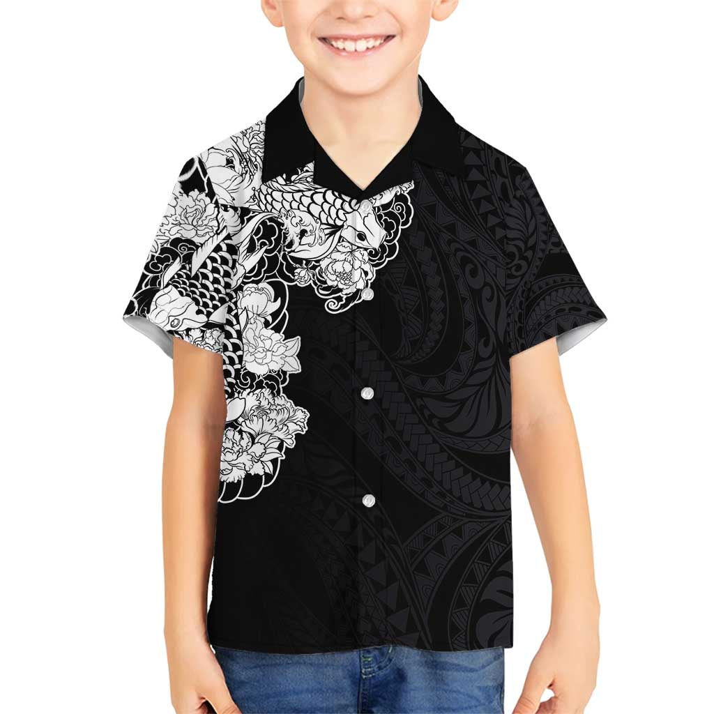 Hawaiian and Japanese Together Family Matching Off Shoulder Maxi Dress and Hawaiian Shirt Japanese Koi Fish Tattoo and Kakau Pattern Black Color LT03 Son's Shirt Black - Polynesian Pride