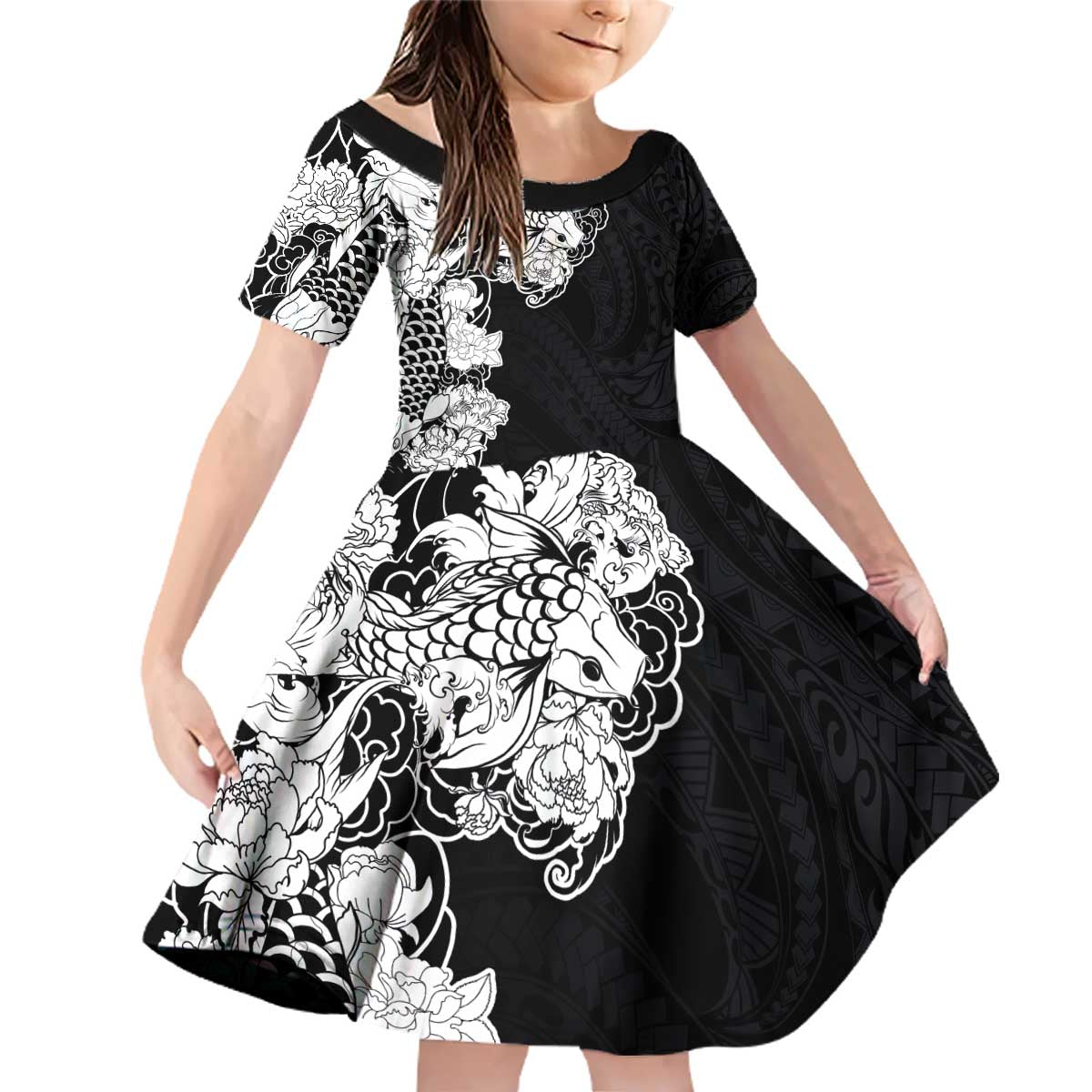 Hawaiian and Japanese Together Family Matching Off Shoulder Short Dress and Hawaiian Shirt Japanese Koi Fish Tattoo and Kakau Pattern Black Color LT03 Daughter's Dress Black - Polynesian Pride