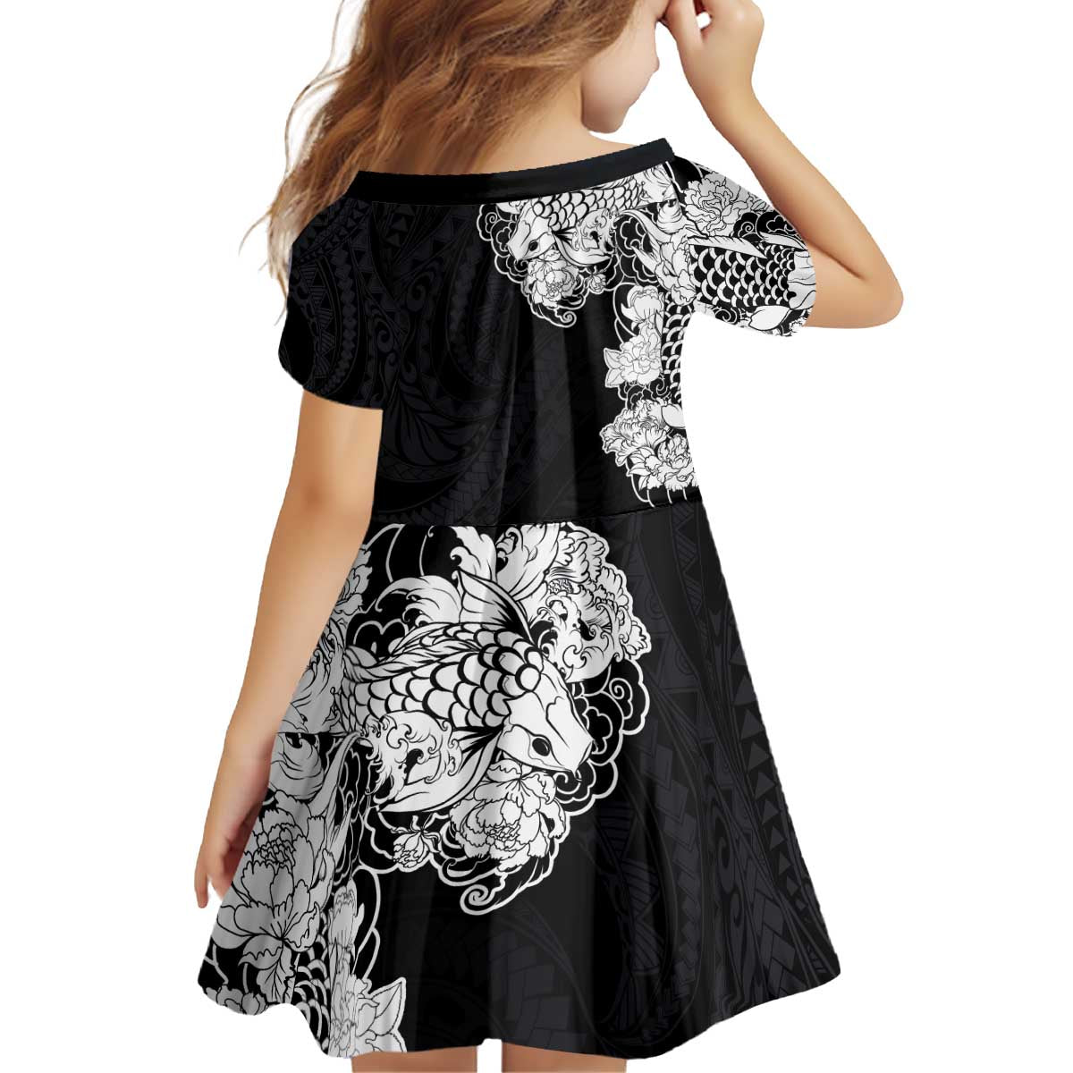Hawaiian and Japanese Together Family Matching Off Shoulder Short Dress and Hawaiian Shirt Japanese Koi Fish Tattoo and Kakau Pattern Black Color LT03 - Polynesian Pride