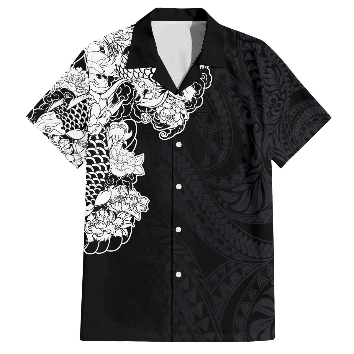 Hawaiian and Japanese Together Family Matching Off Shoulder Short Dress and Hawaiian Shirt Japanese Koi Fish Tattoo and Kakau Pattern Black Color LT03 Dad's Shirt - Short Sleeve Black - Polynesian Pride